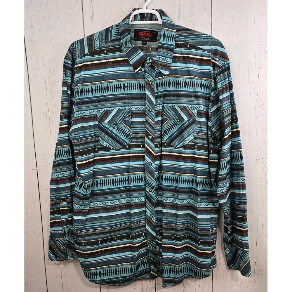 Rock & Roll Denim Shirt Mens XXL Teal Brown Western‎ Rockabilly Aztec Pearl Snap